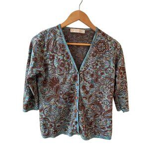 Camela Vintage Blue Brown Floral Cardigan Sweater Boho Lightweight Size 40